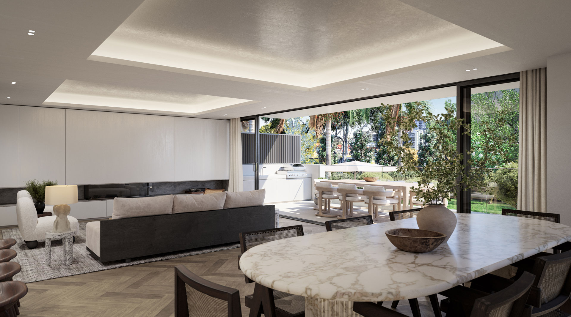 Belle De Vie, Residence 1 -Dining and Living looking out over private garden with pool, 58 Bellevue Road Bellevue Hill