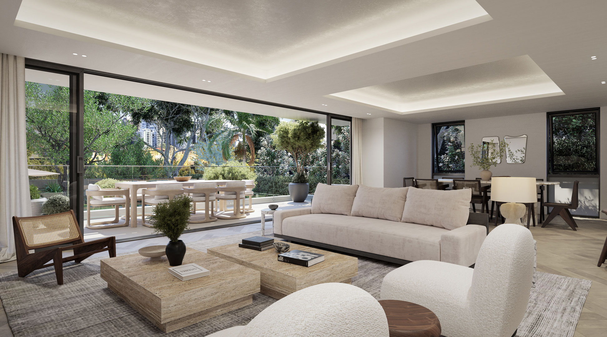 Belle De Vie, Residence 1 - Living and Dining looking out over private garden with pool, 58 Bellevue Road Bellevue Hill