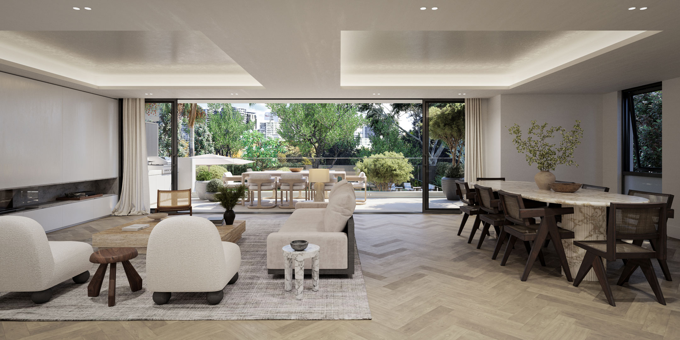 Belle De Vie, Residence 1 - Living and Dining looking out over private garden with pool, 58 Bellevue Road Bellevue Hill